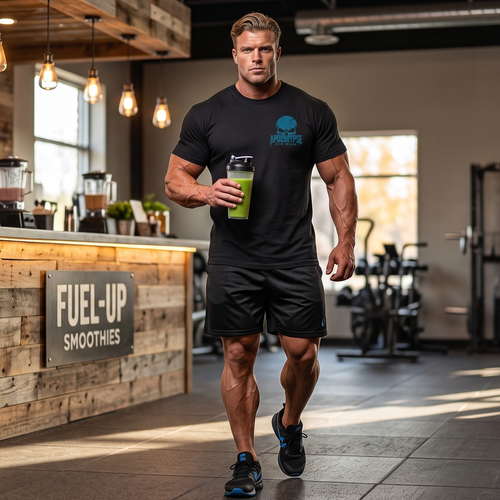 A muscular man wearing a black t-shirt with a teal and white 'Apocalypse Gym Wear' logo on the chest, set against a mountain background.