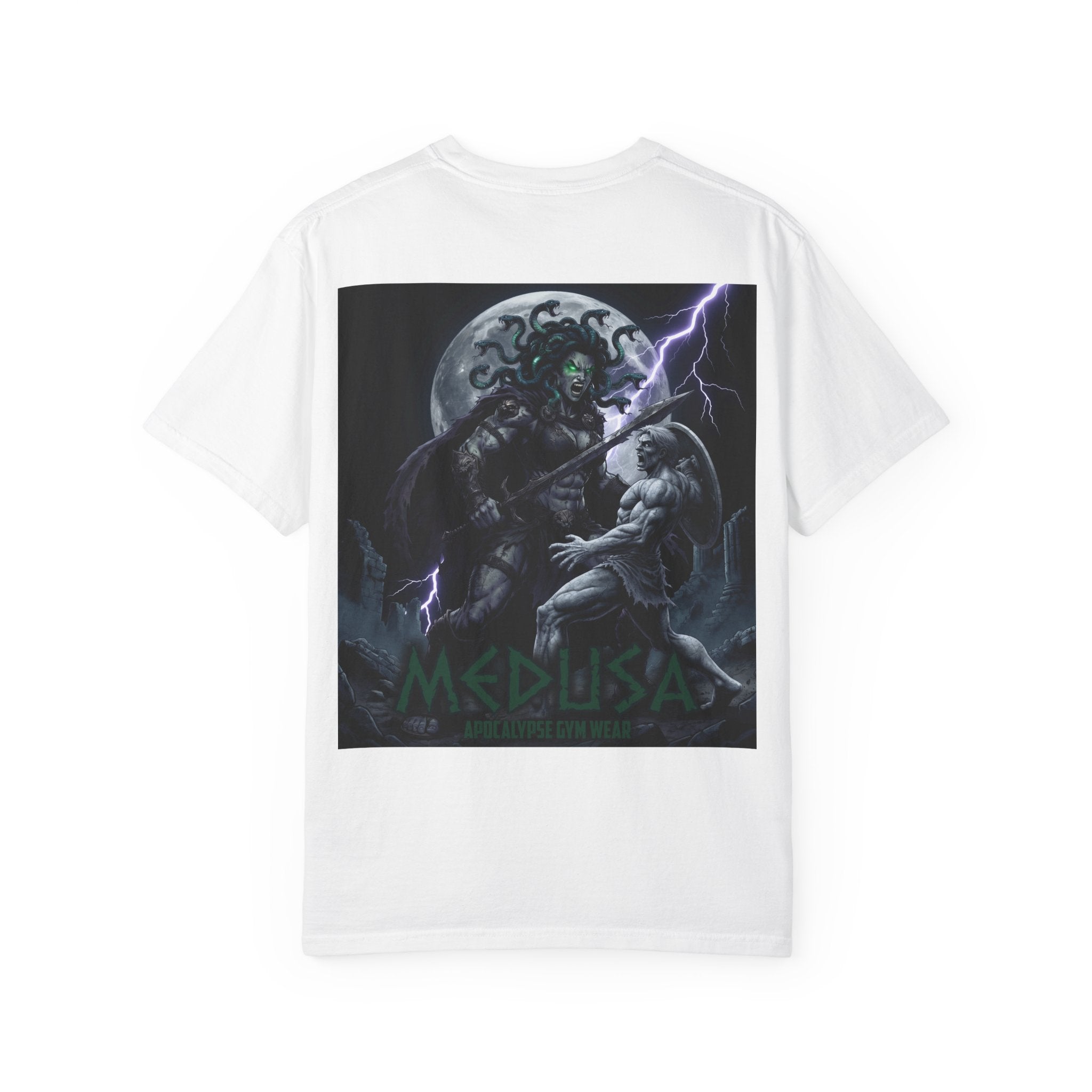 Medusa Mythology Graphic T-Shirt | Gorgon Head Lightning Back Print