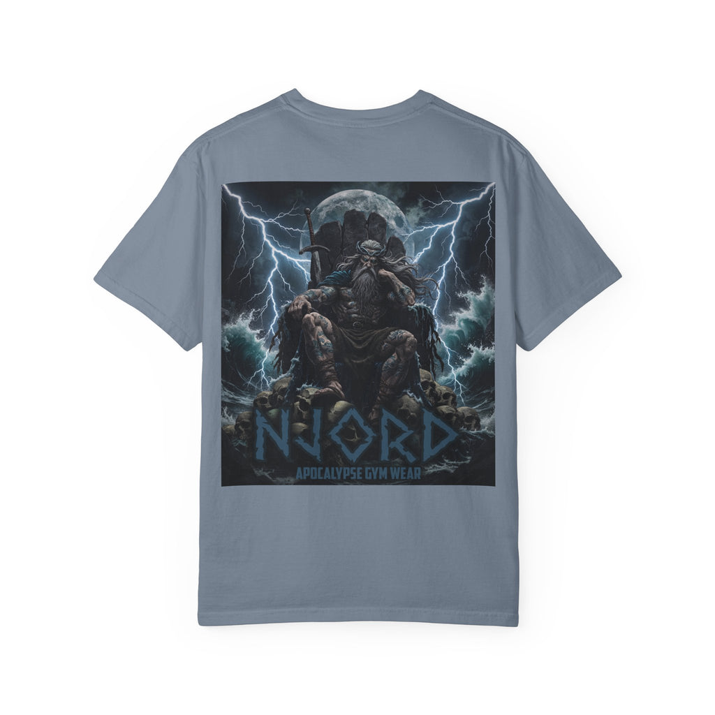 Viking Warrior Njord Throne Backprint T-Shirt | Norse Apocalypse Graphic Tee