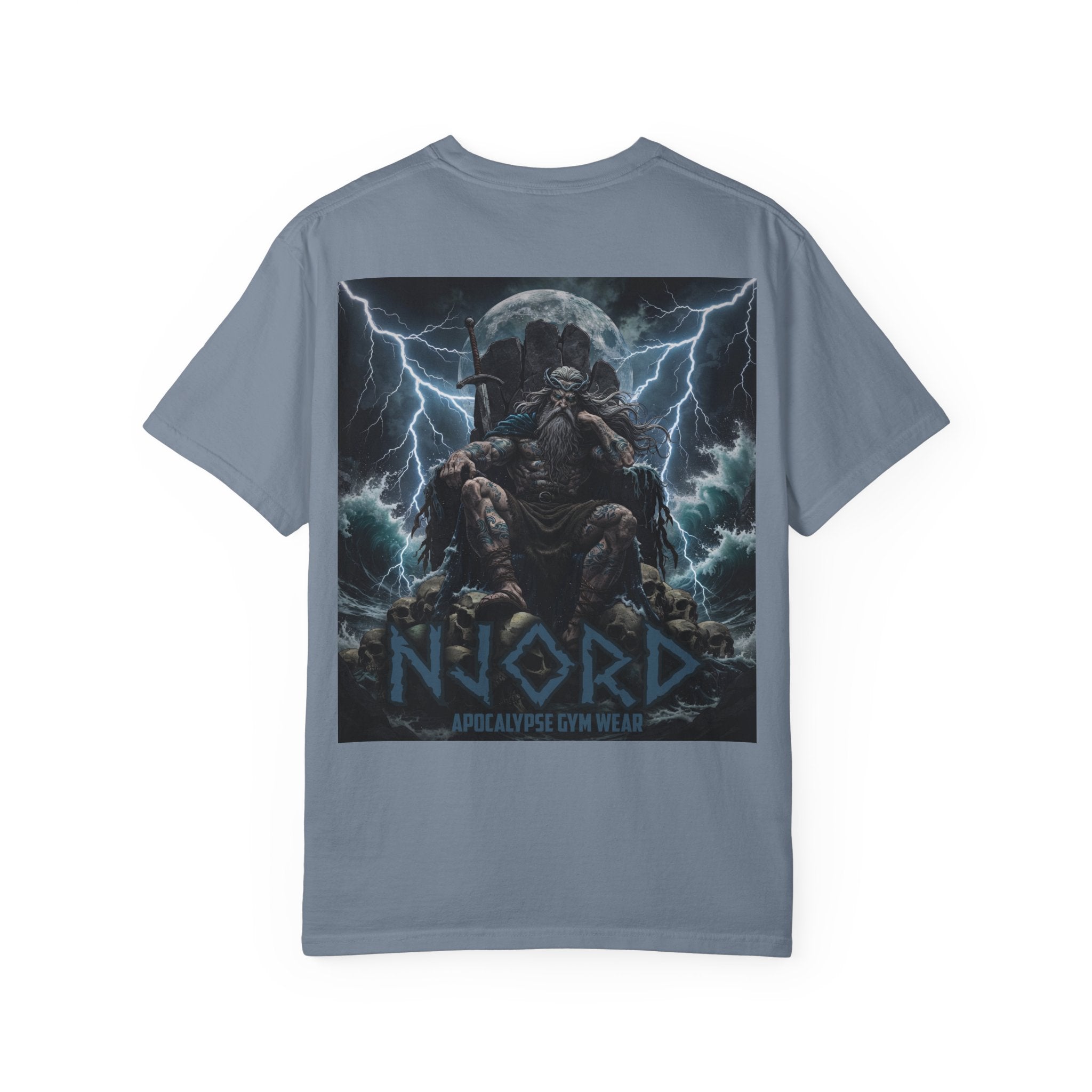 Viking Warrior Njord Throne Backprint T-Shirt | Norse Apocalypse Graphic Tee