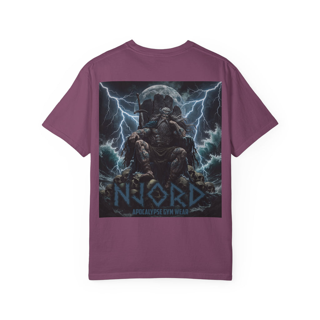 Viking Warrior Njord Throne Backprint T-Shirt | Norse Apocalypse Graphic Tee