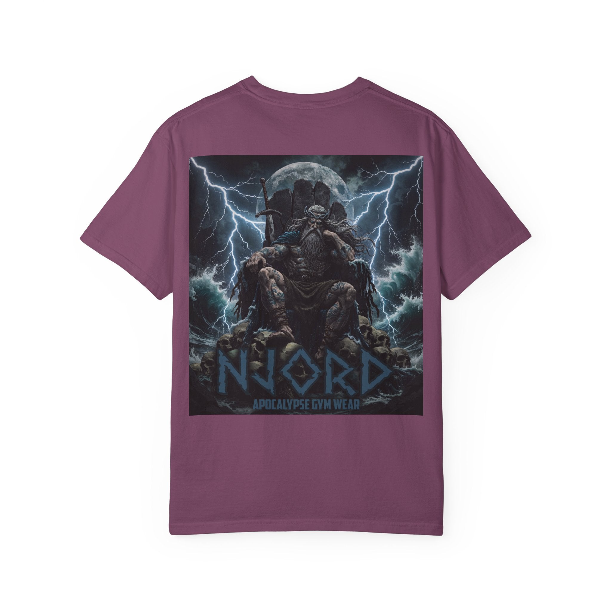 Viking Warrior Njord Throne Backprint T-Shirt | Norse Apocalypse Graphic Tee