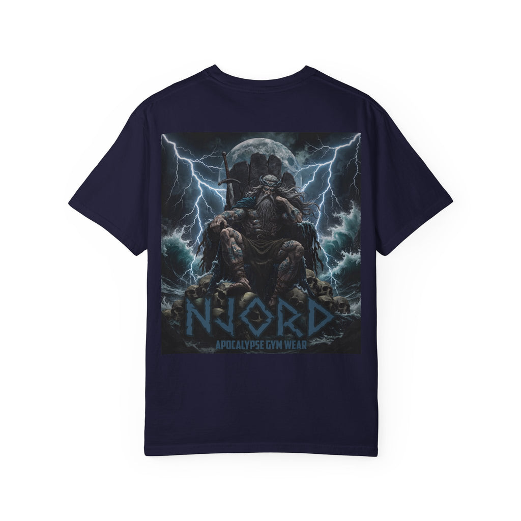 Viking Warrior Njord Throne Backprint T-Shirt | Norse Apocalypse Graphic Tee