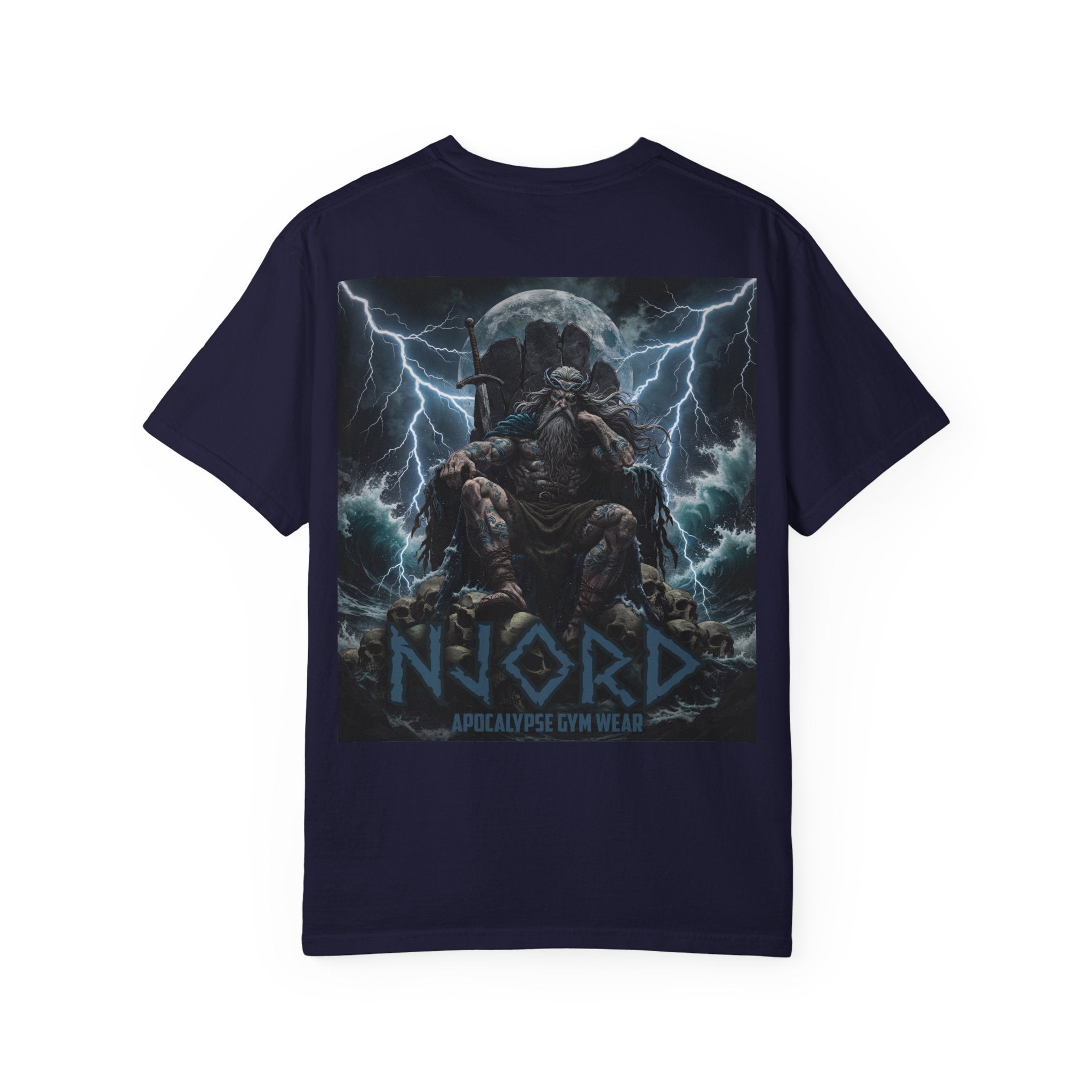 Viking Warrior Njord Throne Backprint T-Shirt | Norse Apocalypse Graphic Tee