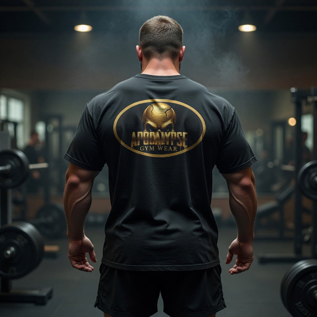 Apocalypse Gym Wear T-Shirt | Gold Skull Logo Athletic Tee