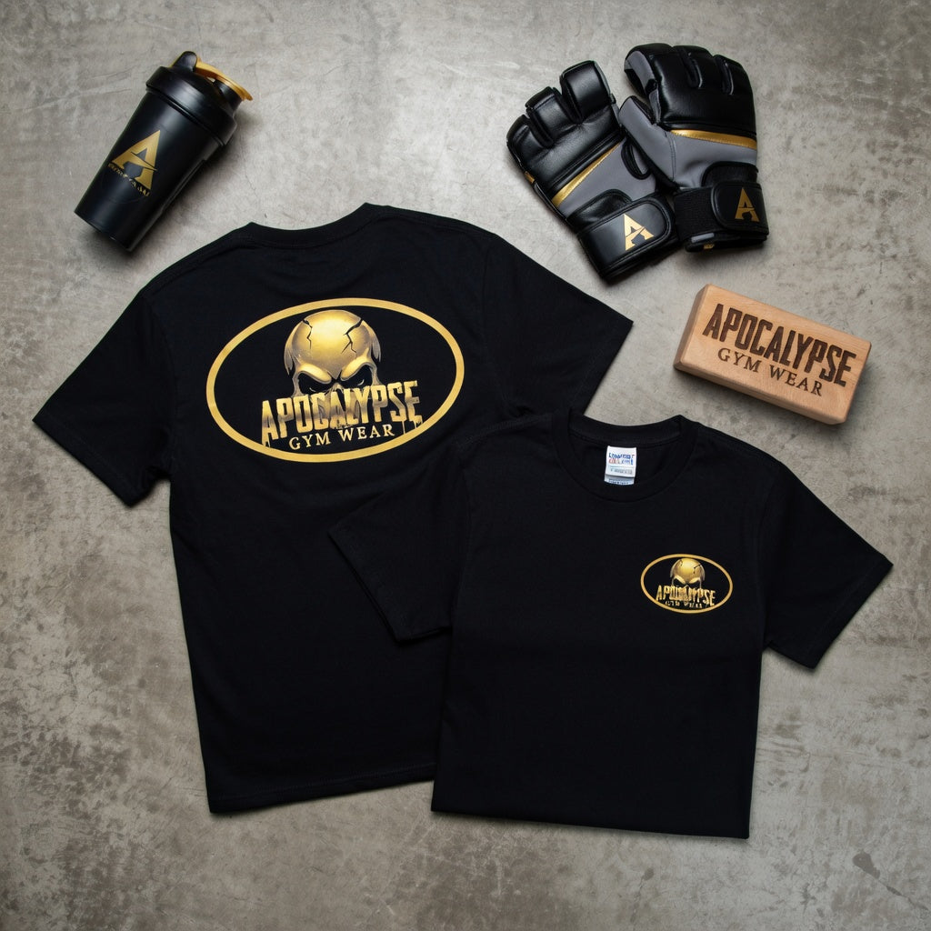Apocalypse Gym Wear T-Shirt | Gold Skull Logo Athletic Tee