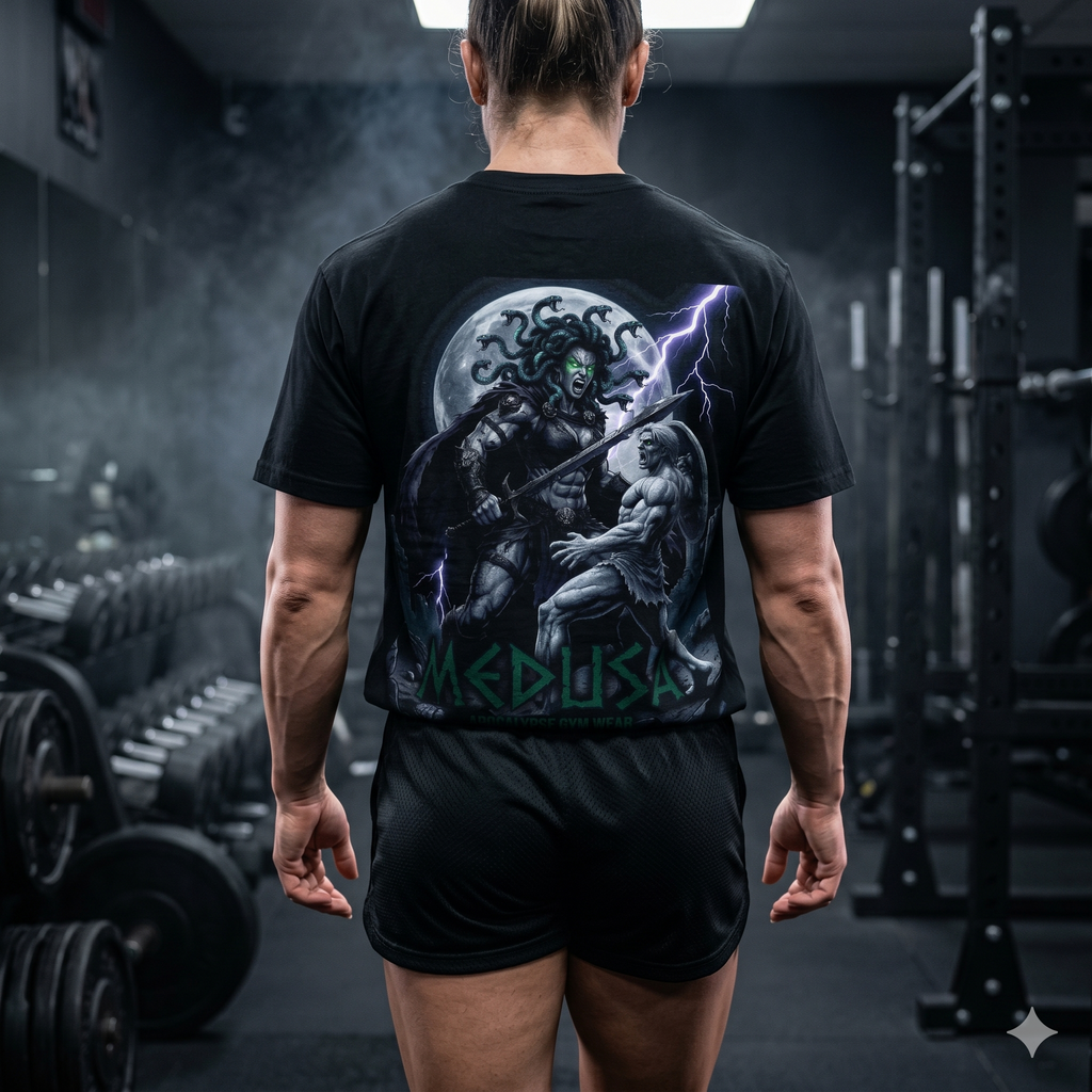 Medusa Mythology Graphic T-Shirt | Gorgon Head Lightning Back Print