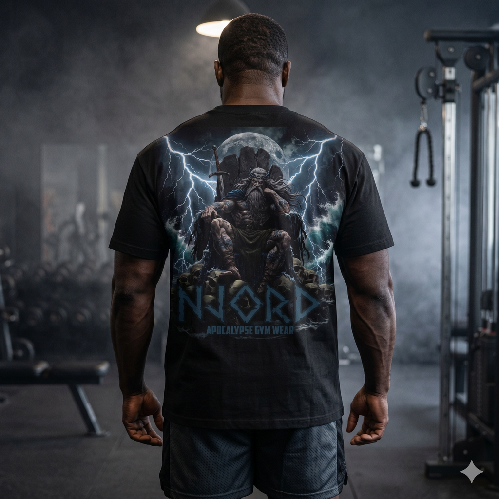 Viking Warrior Njord Throne Backprint T-Shirt | Norse Apocalypse Graphic Tee