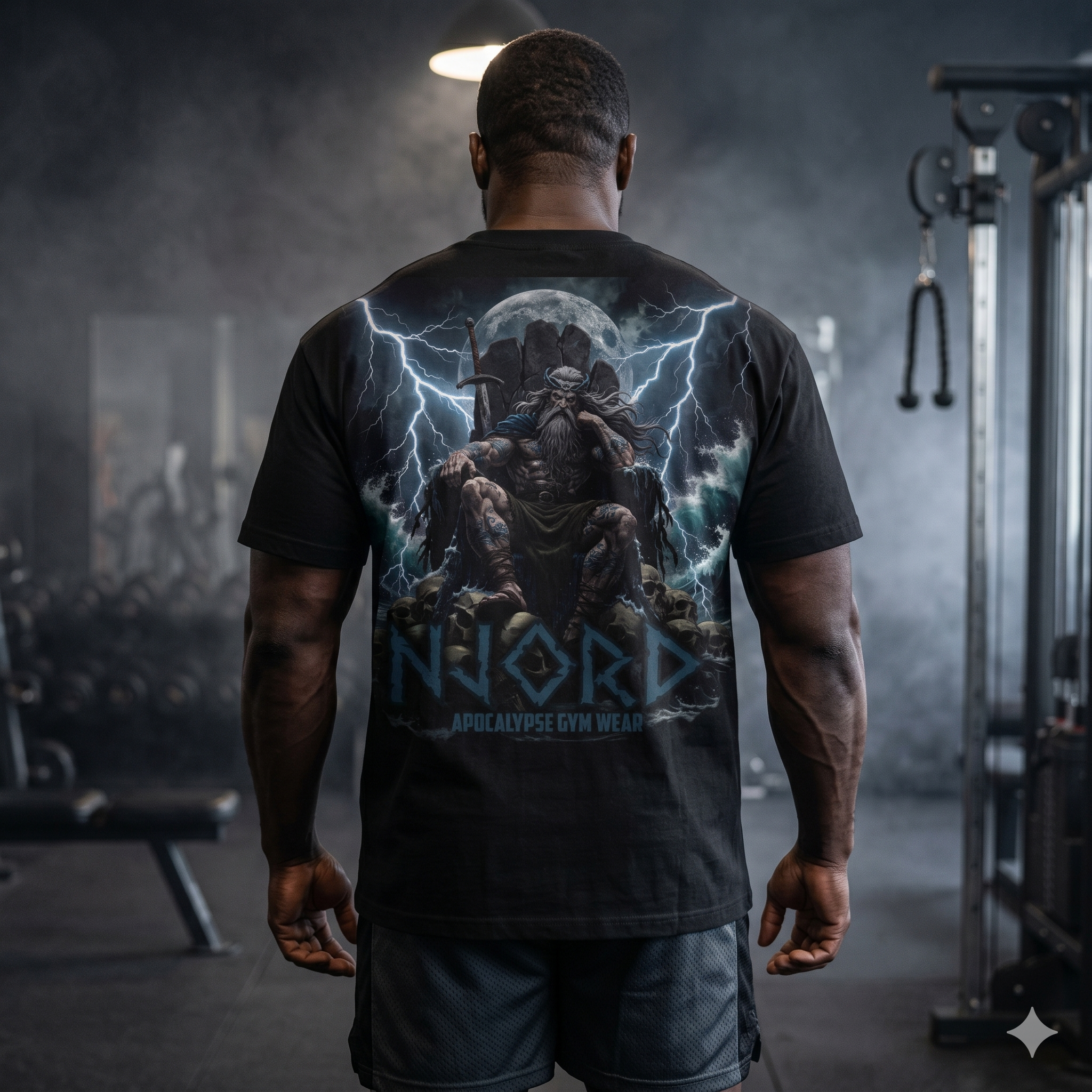 Viking Warrior Njord Throne Backprint T-Shirt | Norse Apocalypse Graphic Tee