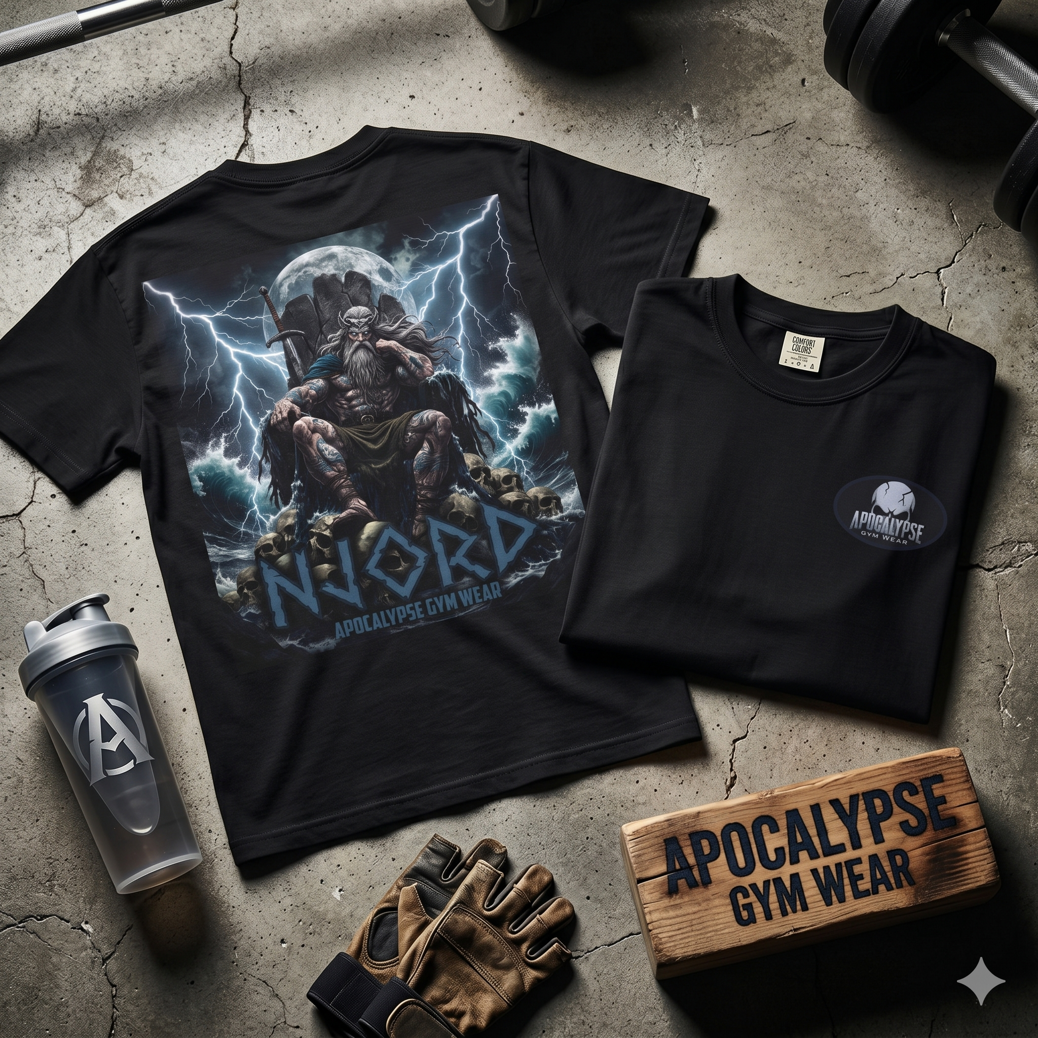 Viking Warrior Njord Throne Backprint T-Shirt | Norse Apocalypse Graphic Tee