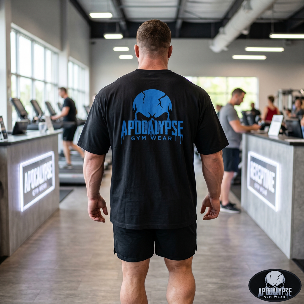 Apocalypse Gym Wear, Large, ink-heavy brand crest logo featuring a dark, mythic skull design with deep cross-hatching and fine linework textures, printed in high-contrast monochrome on the back of a vintage black, boxy heavyweight cotton t-shirt.