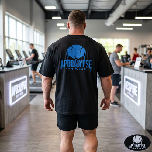 Apocalypse Gym Wear, Large, ink-heavy brand crest logo featuring a dark, mythic skull design with deep cross-hatching and fine linework textures, printed in high-contrast monochrome on the back of a vintage black, boxy heavyweight cotton t-shirt.