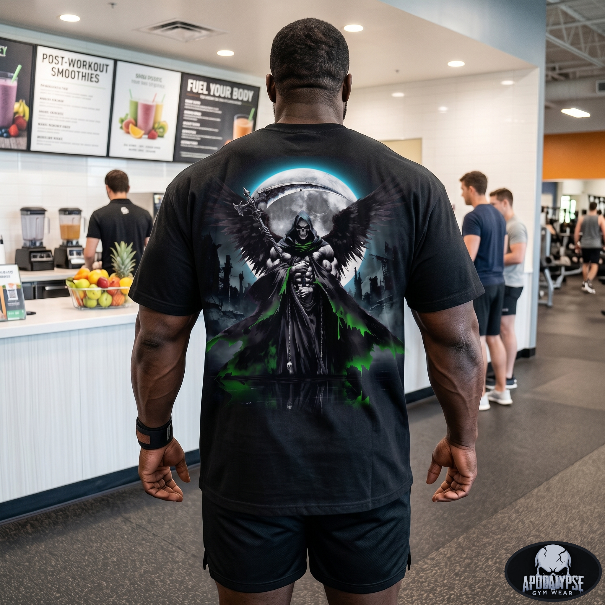 Apocalypse Gym Wear, Massive, ink-heavy comic style illustration of a hooded winged reaper skeletal warrior, printed in high-contrast monochrome on the back of a vintage black, boxy heavyweight cotton t-shirt.