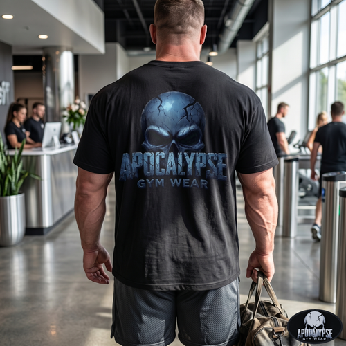 Apocalypse Gym Wear, Massive, ink-heavy brand logo featuring a brutal skull design enclosed in a sharp bio-mechanical gear wheel, printed in high-contrast monochrome on the back of a vintage black, boxy heavyweight cotton t-shirt.