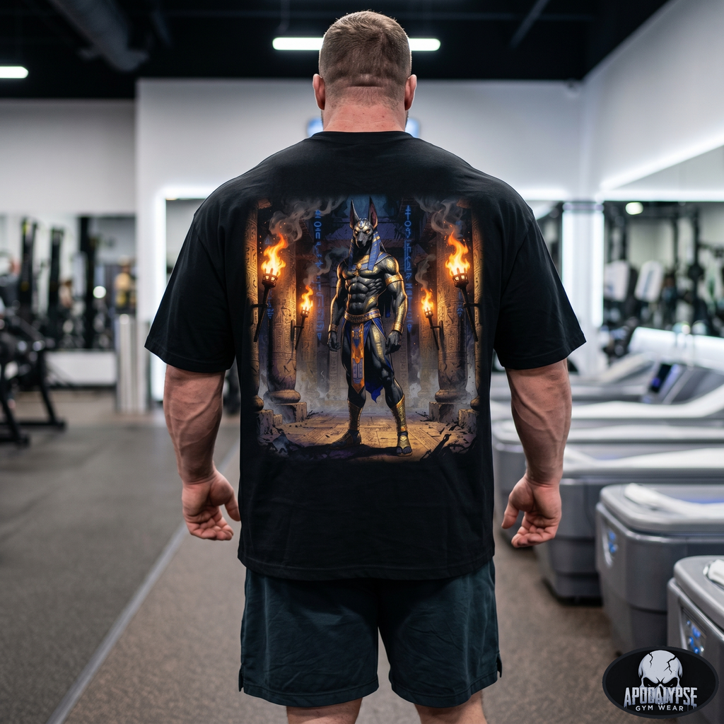 Apocalypse Gym Wear, Massive, ink-heavy comic style illustration of the Egyptian jackal god Anubis built like an elite bodybuilder with glowing blue hieroglyphs and burning torches, printed in monochrome on a vintage black, boxy heavyweight cotton t-shirt.