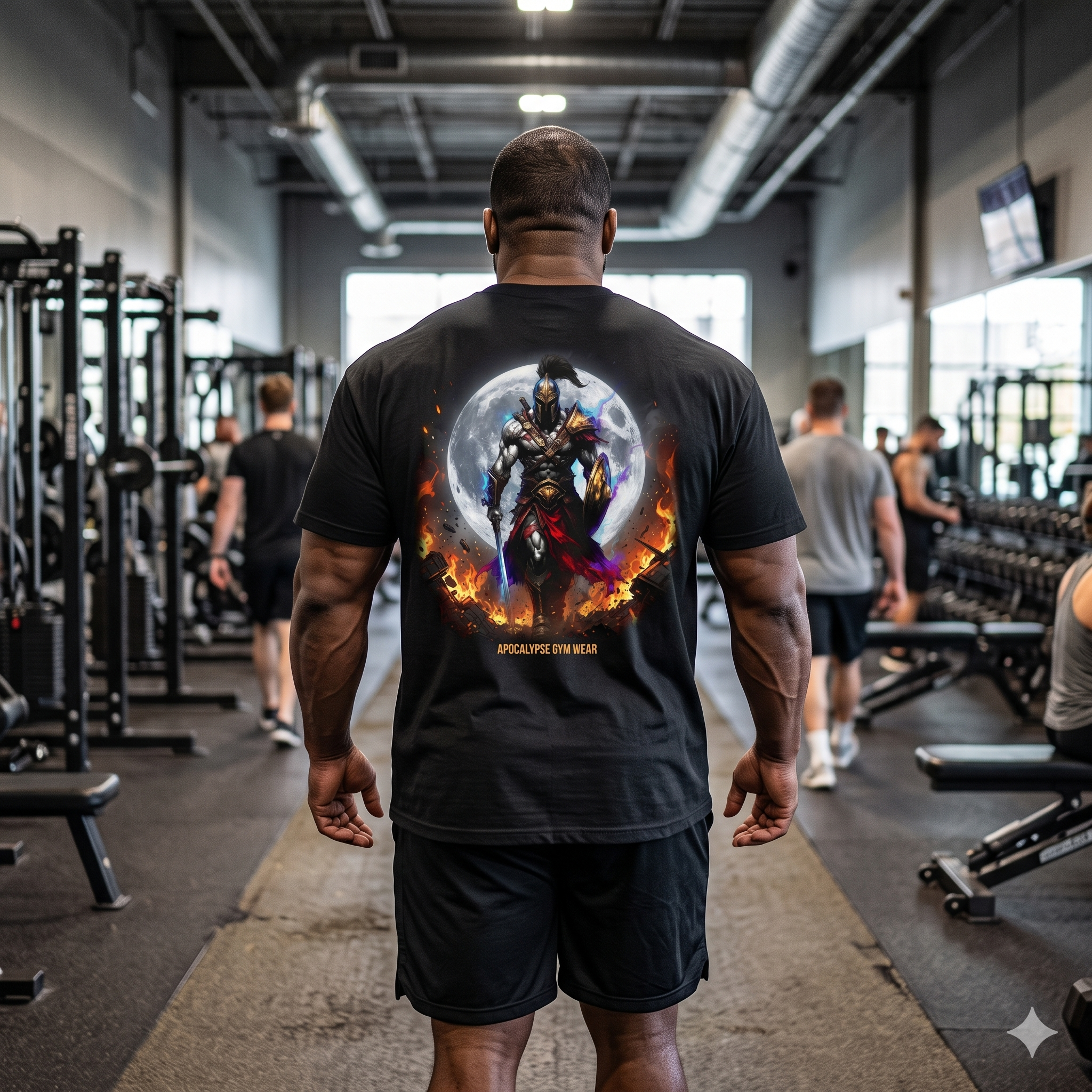Oversized vintage black t-shirt featuring a small front chest oval skull logo and a massive high-contrast back print of a muscular gladiator Spartacus standing defiant, surrounded by roaring flames and gritty ink-wash textures with bold Apocalypse Gym Wear branding.