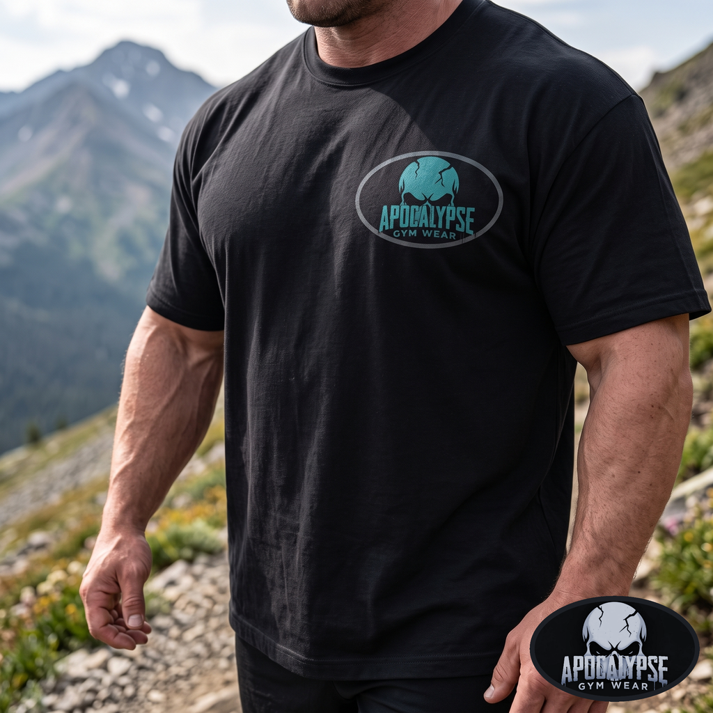 A muscular man wearing a black t-shirt with a teal and white 'Apocalypse Gym Wear' logo on the chest, set against a mountain background.