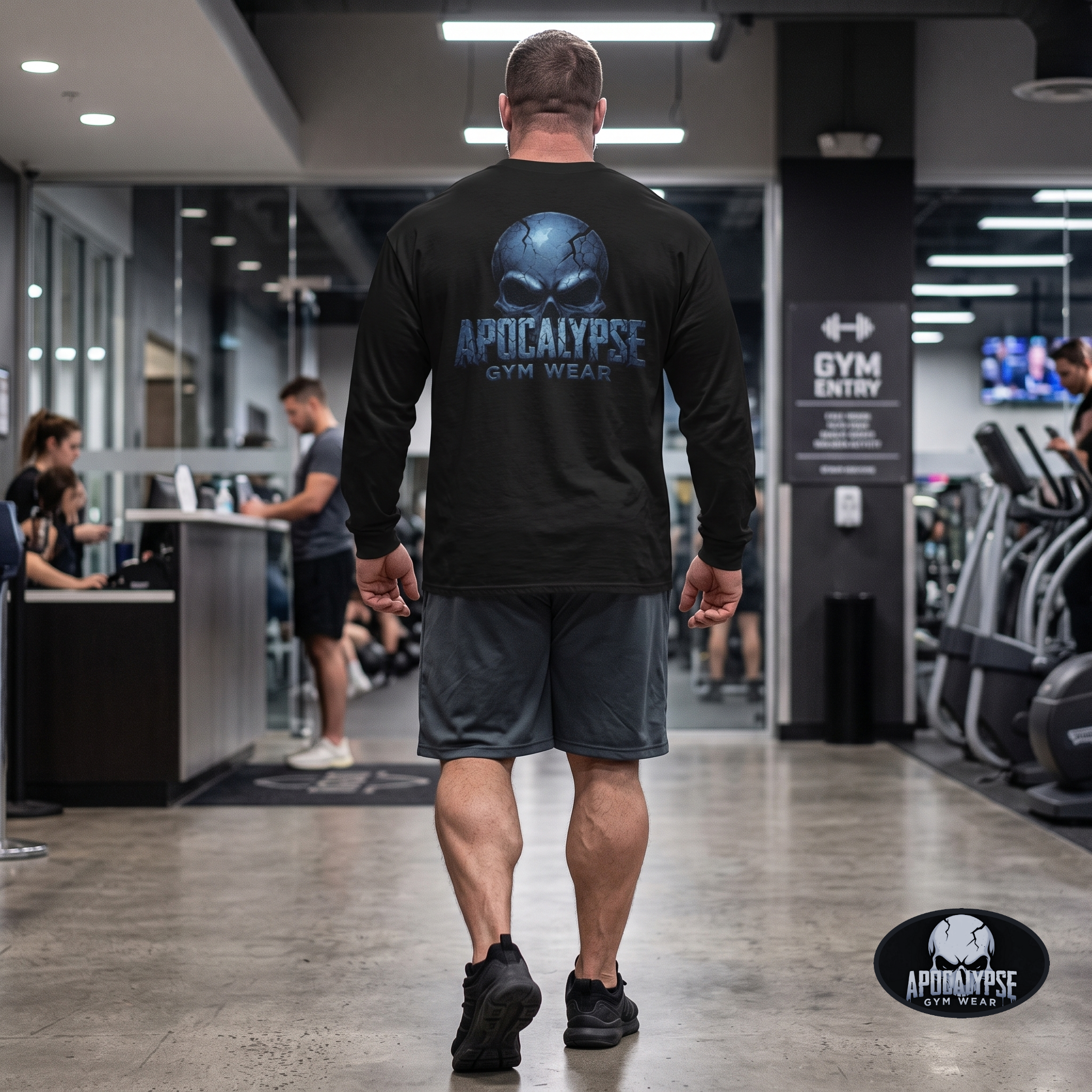 Oversized vintage black long sleeve t-shirt pump cover featuring a premium high-contrast back print of the cracked, stone-textured Apocalypse Gym Wear signature skull logo design.