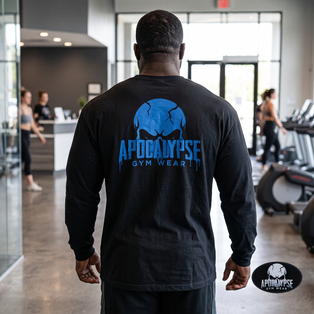 Oversized vintage black long sleeve t-shirt pump cover featuring a premium high-contrast back print of the melting blue badge and cracked Apocalypse Gym Wear skull design.
