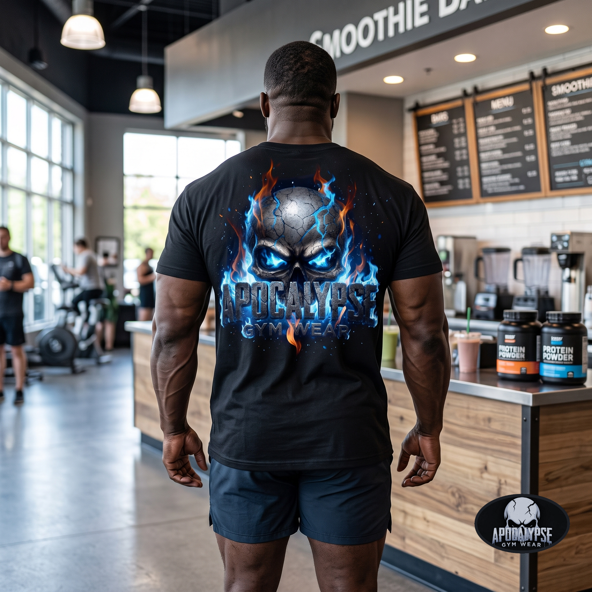 Apocalypse Gym Wear ,Premium vintage black boxy-fit heavyweight cotton gym t-shirt pump cover featuring a premium back print of a cracked stone doom skull engulfed in bright electric blue and deep orange plasma flames.