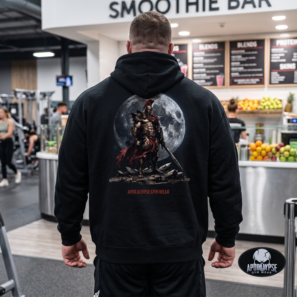 Apocalypse Gym Wear, Premium black relaxed-fit pullover gym hoodie pump cover featuring a massive back print of an armored Spartacus gladiator with a red cape and sword, framed against a giant full moon.
