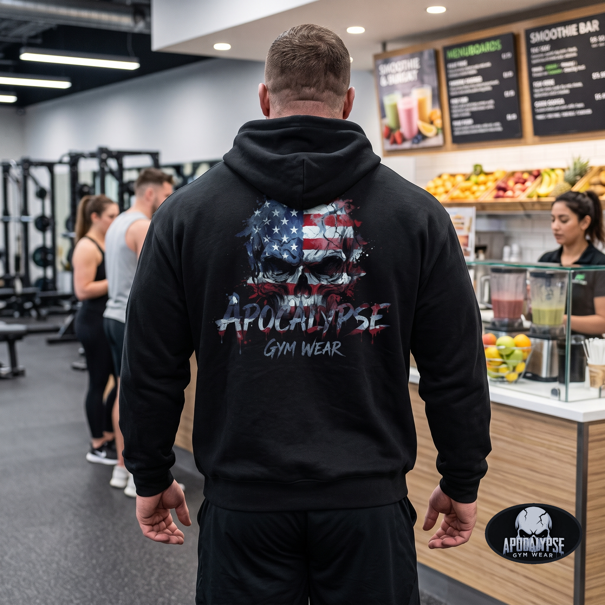Apocalypse Gym Wear, Premium black relaxed-fit pullover gym hoodie pump cover featuring a massive back print of a gritty watercolor American flag skull graphic with aggressive dripping typography.