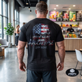 Apocalypse Gym Wear, Premium black boxy-fit heavyweight cotton gym t-shirt pump cover featuring a massive back print of a gritty watercolor American flag skull graphic with aggressive dripping typography