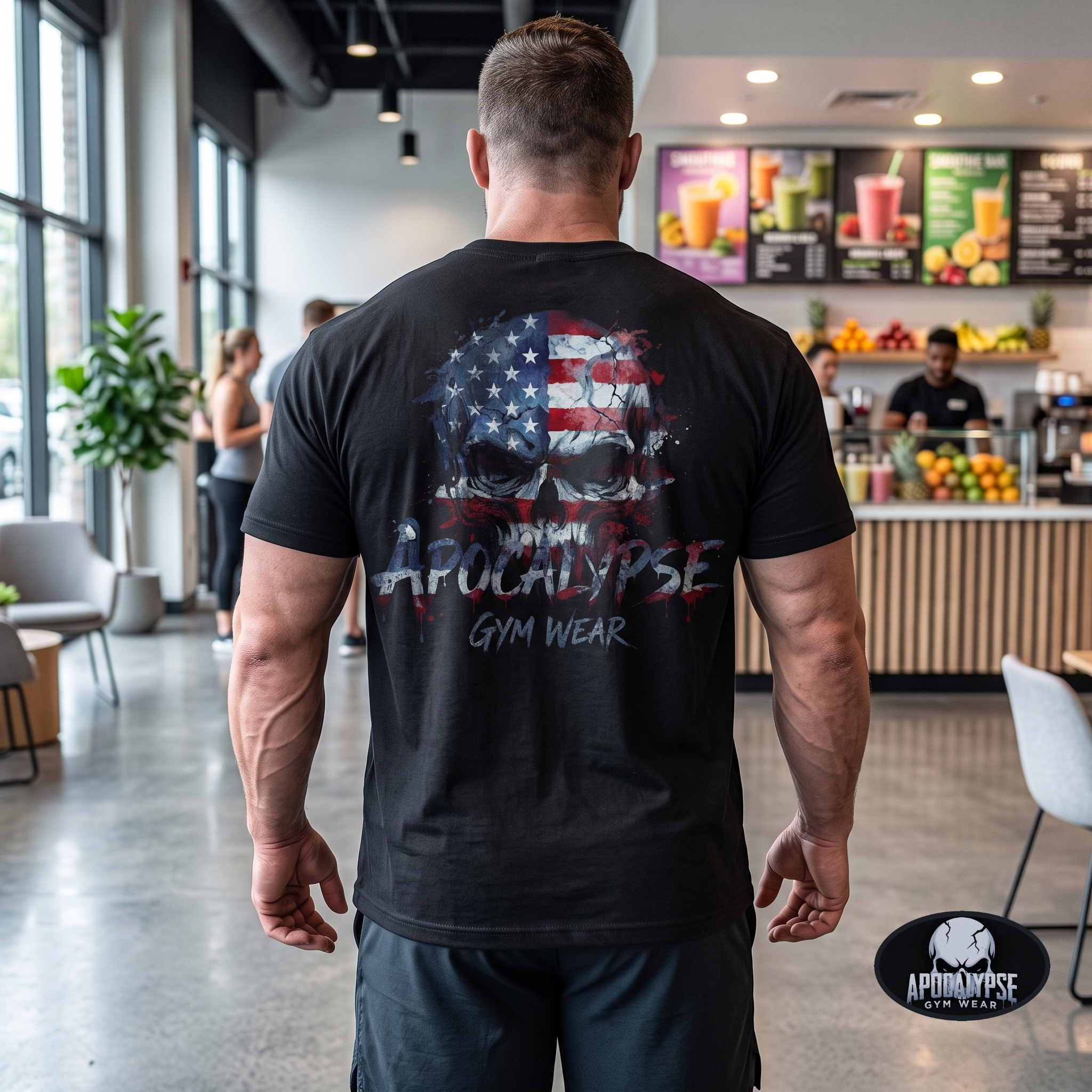 Apocalypse Gym Wear, Premium black boxy-fit heavyweight cotton gym t-shirt pump cover featuring a massive back print of a gritty watercolor American flag skull graphic with aggressive dripping typography