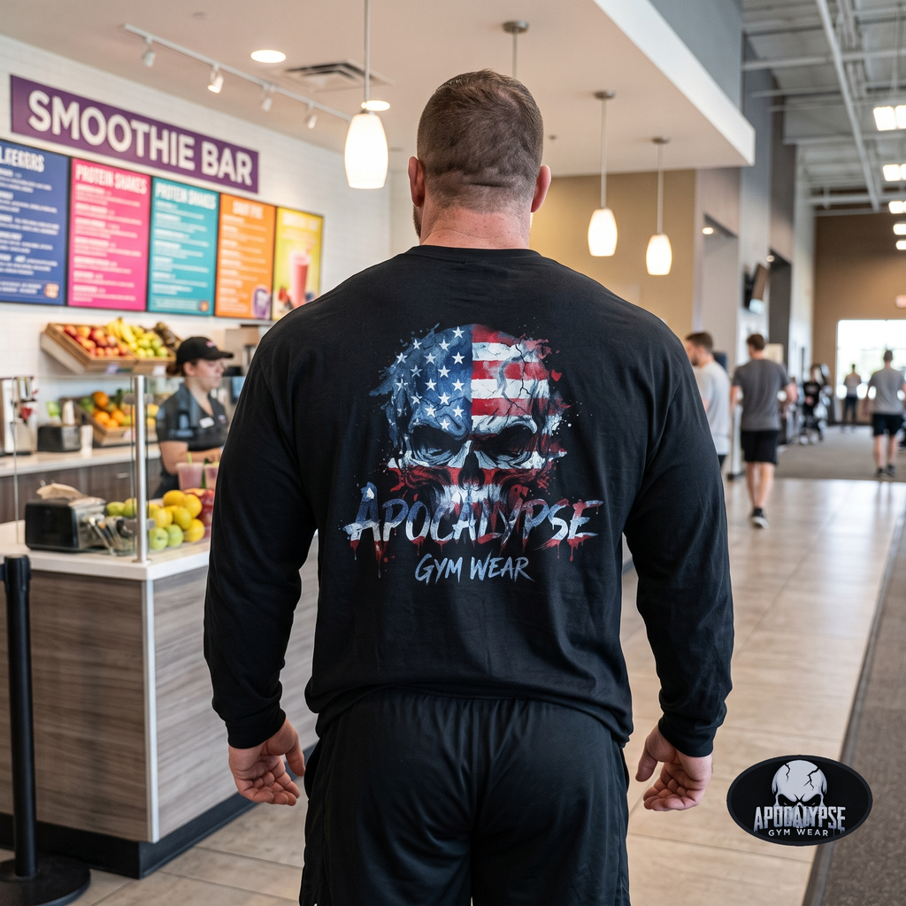 Apocalypse Gym Wear, Premium black relaxed-fit heavyweight cotton long sleeve gym shirt pump cover featuring a massive back print of a gritty watercolor American flag skull graphic with aggressive dripping typography.