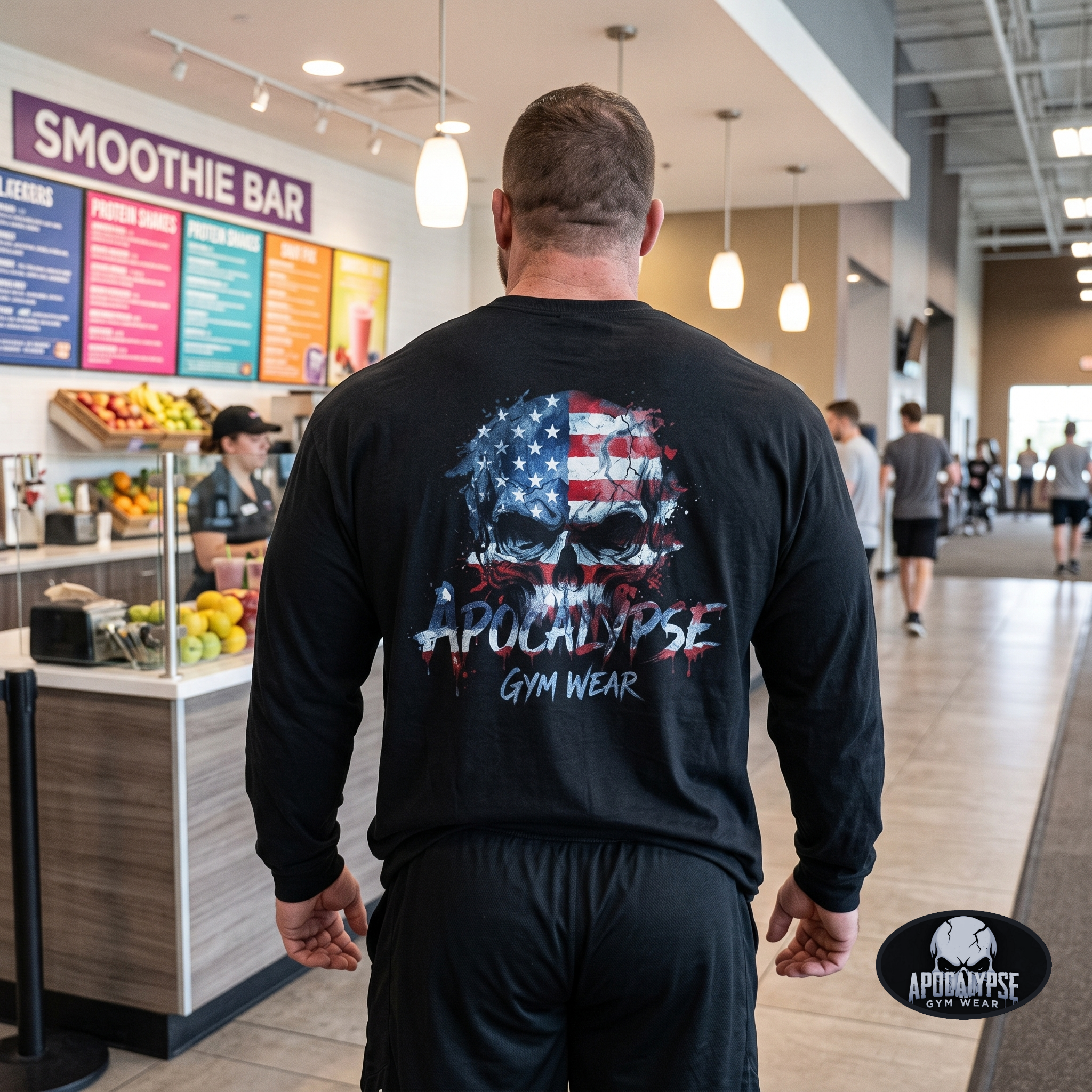 Apocalypse Gym Wear, Premium black relaxed-fit heavyweight cotton long sleeve gym shirt pump cover featuring a massive back print of a gritty watercolor American flag skull graphic with aggressive dripping typography.