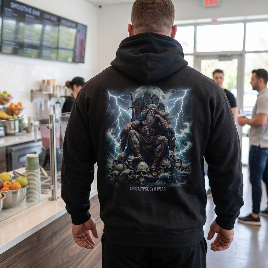 Apocalypse Gym Wear Njord god of the sea heavyweight black hoodie worn by a bodybuilder in a gym. Back view showing large Norse mythology warrior king seated on a throne of skulls with lightning and ocean waves.