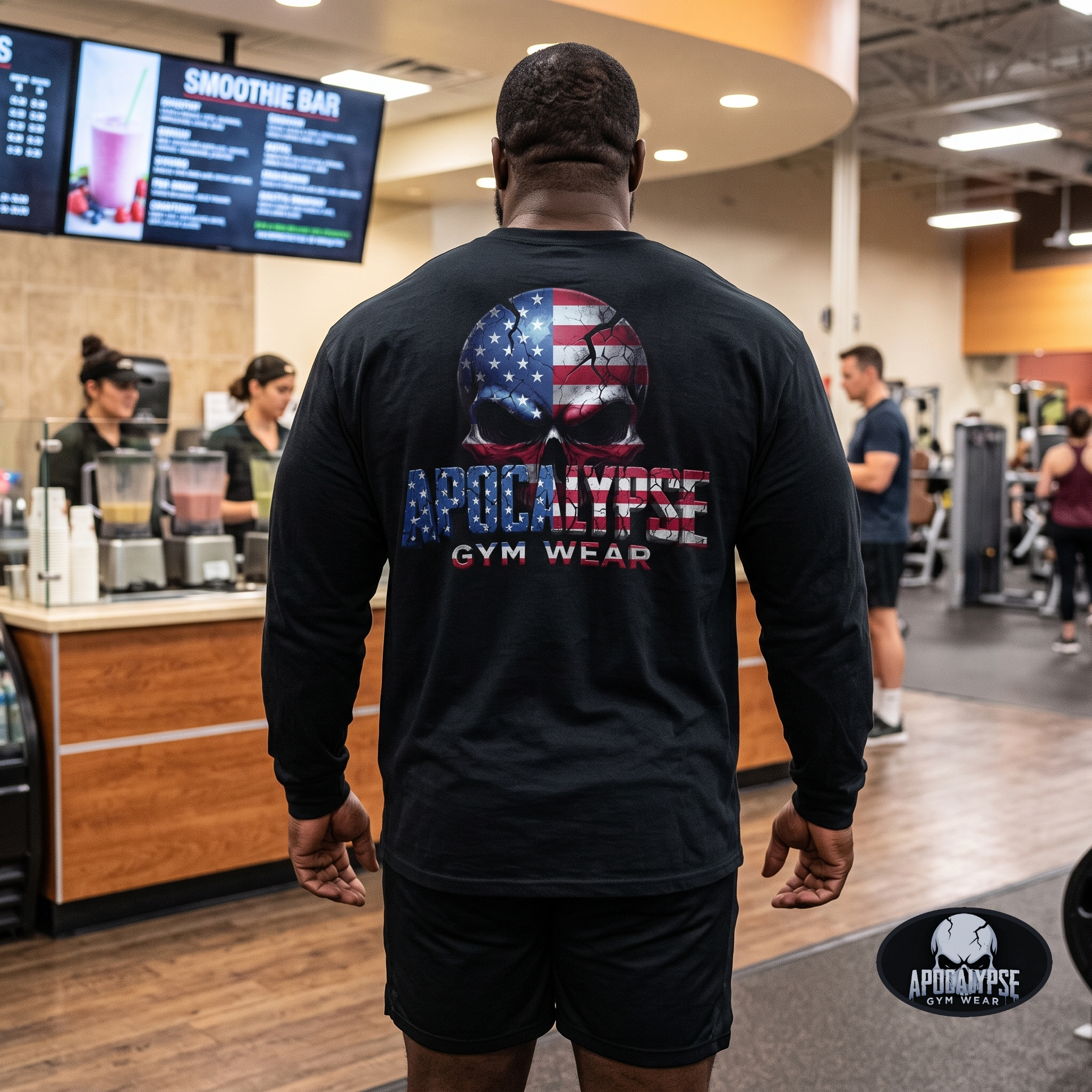 Apocalypse Gym Wear American Flag Skull long sleeve black gym shirt worn by a bodybuilder. Back view showing cracked distressed patriotic skull graphic with 3D block typography.