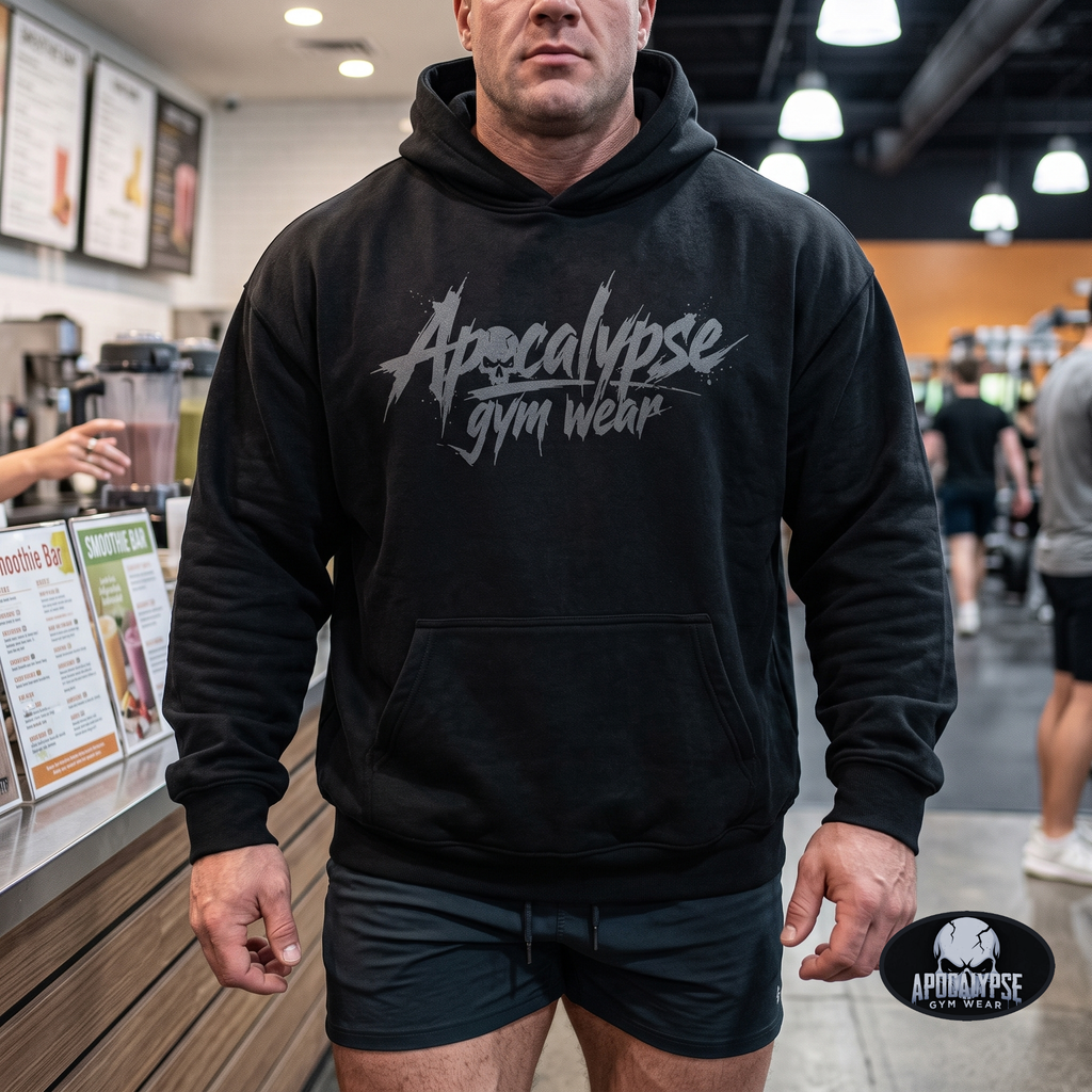 Apocalypse Gym Wear front logo black heavyweight hoodie worn by a bodybuilder in a gym. Front view showing dark grey splatter brush brand typography and skull logo across the chest.