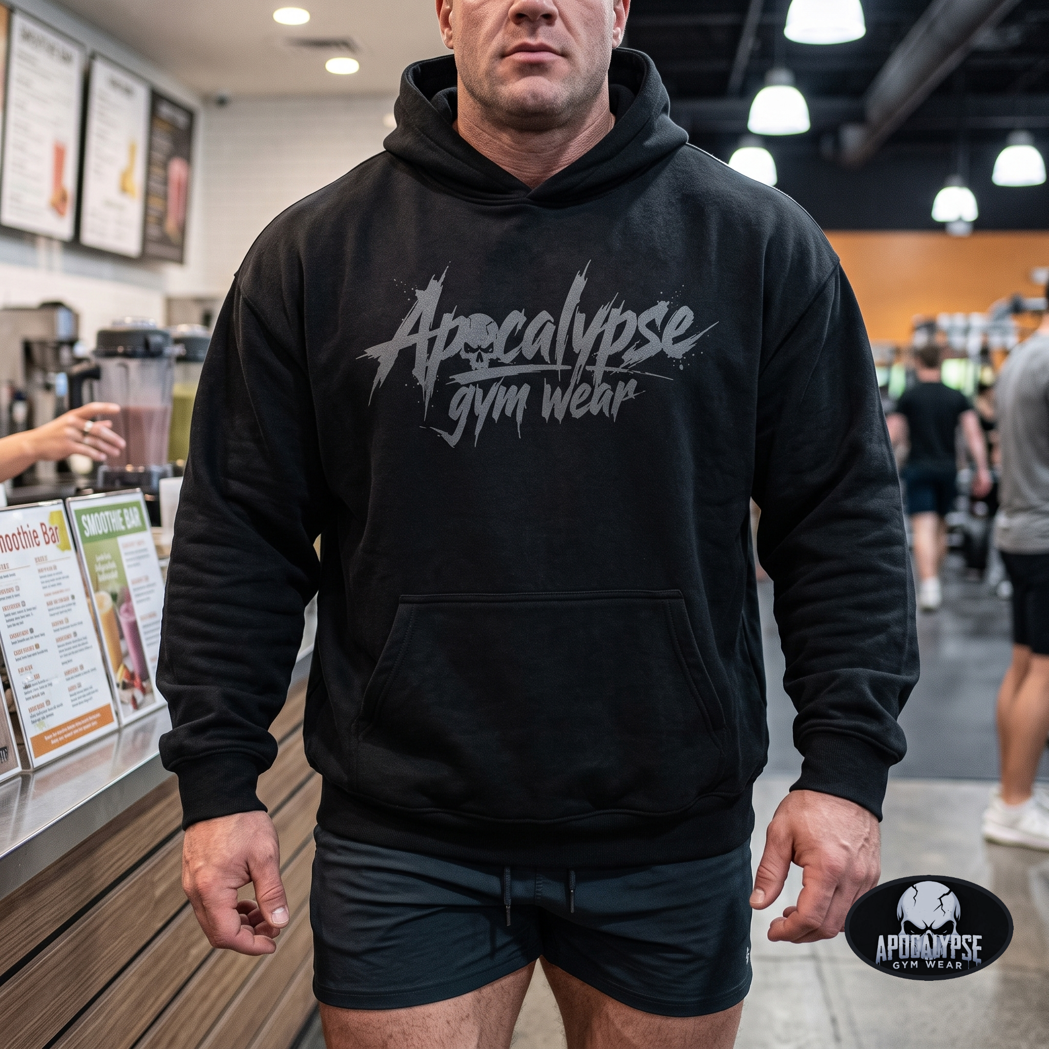 Apocalypse Gym Wear front logo black heavyweight hoodie worn by a bodybuilder in a gym. Front view showing dark grey splatter brush brand typography and skull logo across the chest.