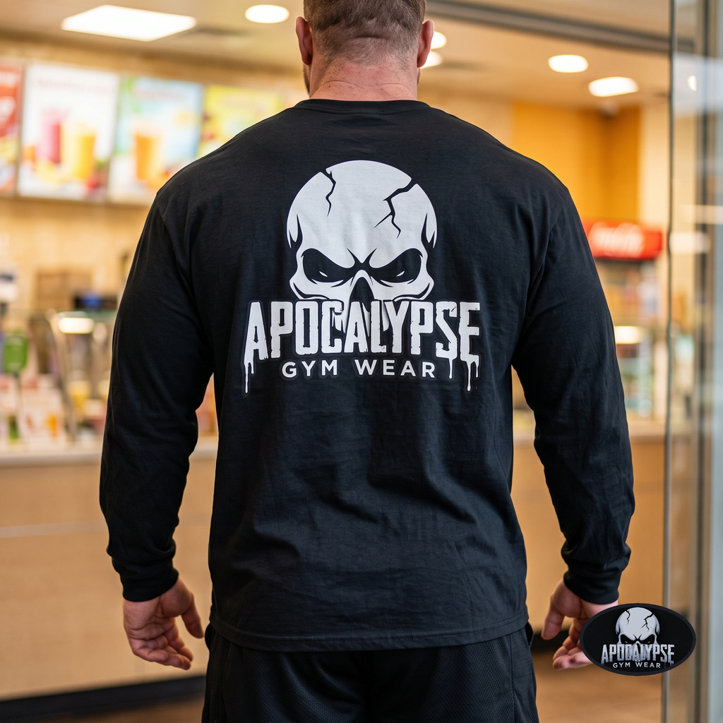 Apocalypse Gym Wear black long sleeve gym shirt worn by a bodybuilder. Back view showing a high-contrast white cracked skull logo and dripping block typography print.