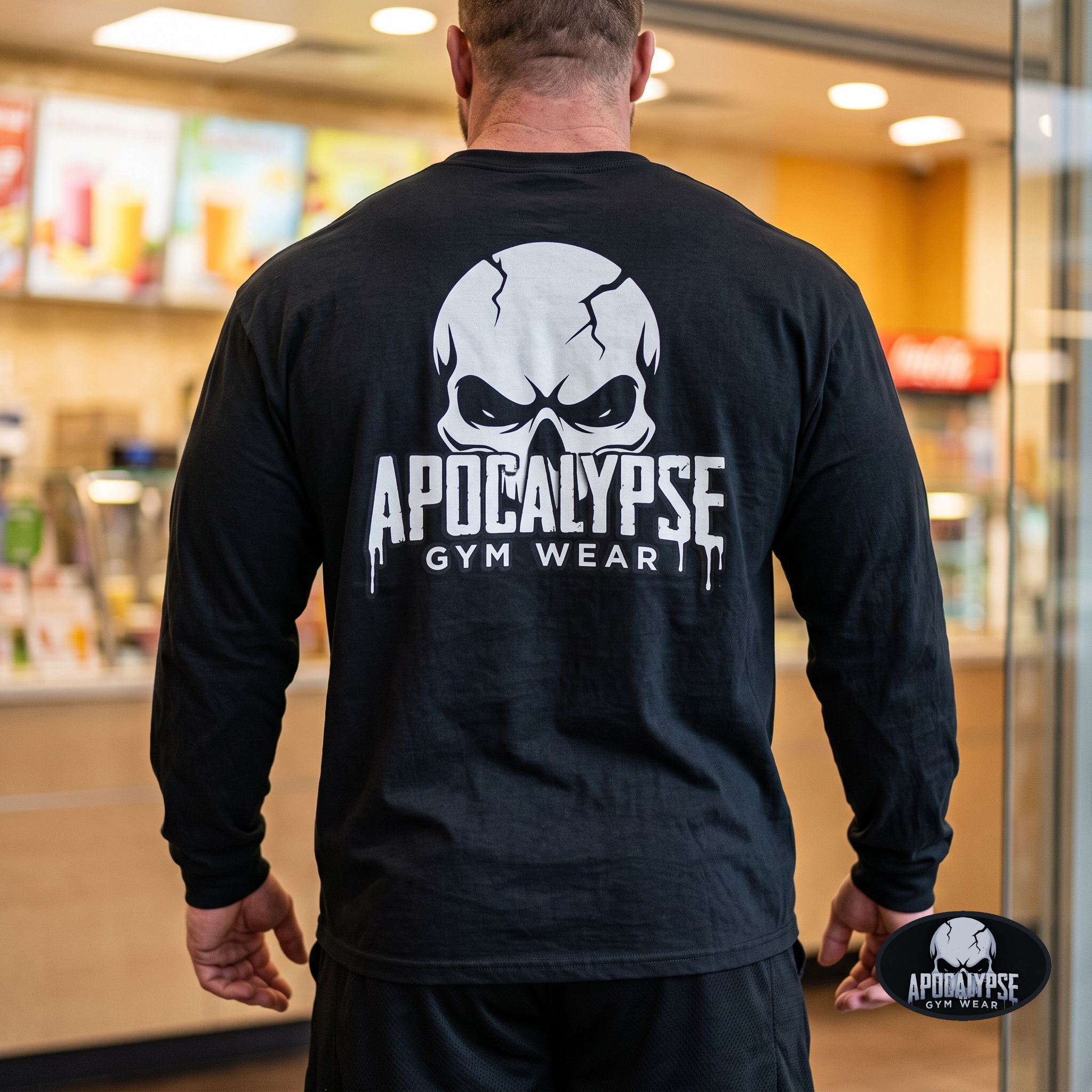 Apocalypse Gym Wear black long sleeve gym shirt worn by a bodybuilder. Back view showing a high-contrast white cracked skull logo and dripping block typography print.