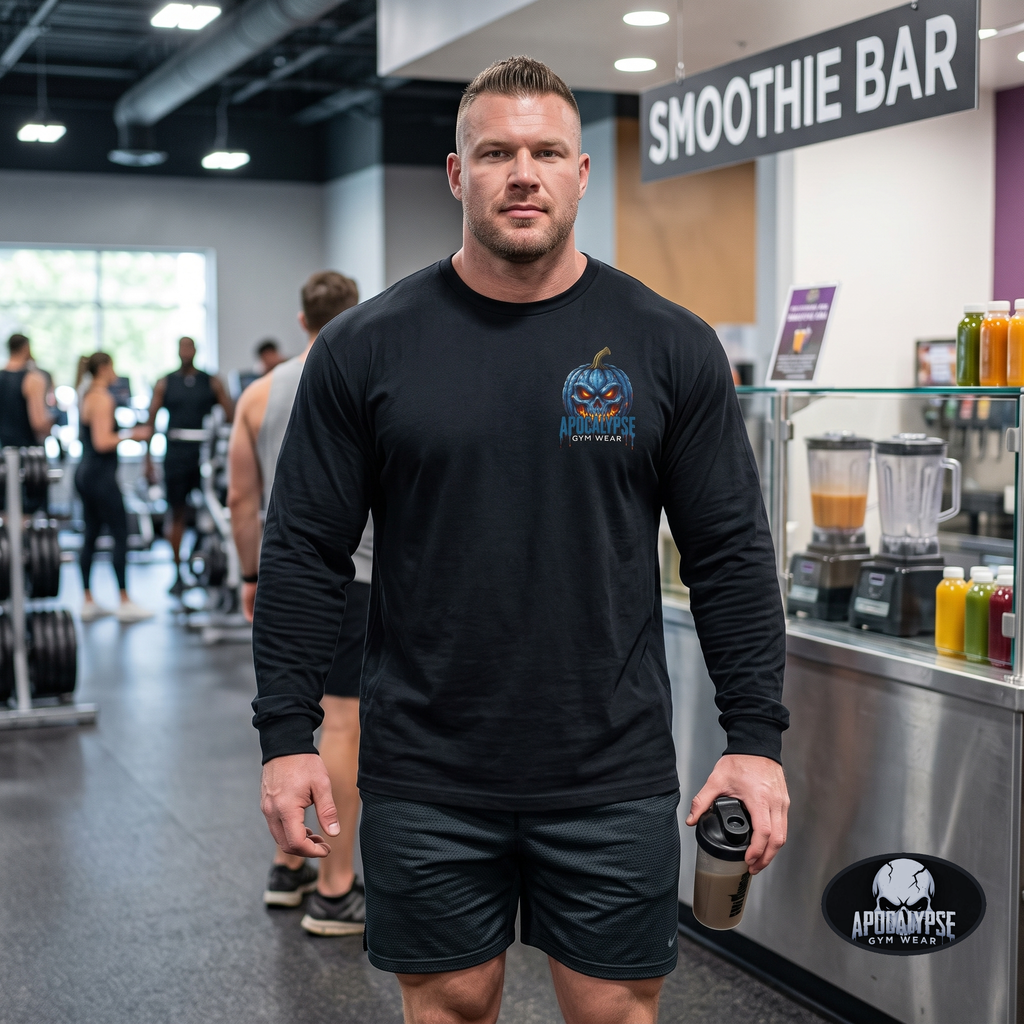 Limited Edition Blue Pumpkin Skull Halloween Long Sleeve Gym Shirt | Apocalypse Gym Wear Pump Cover
