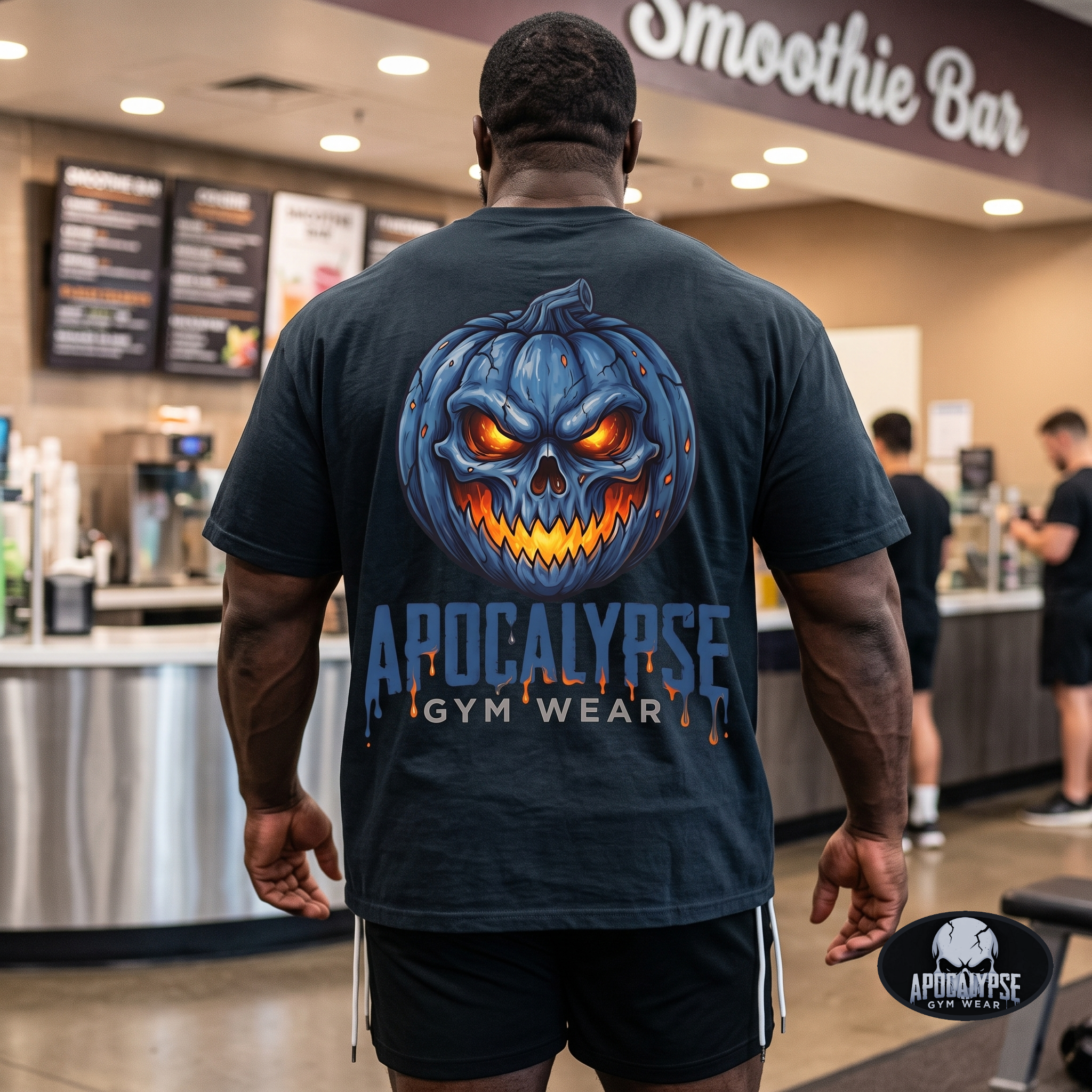 Apocalypse Gym Wear blue pumpkin skull black t-shirt worn by a bodybuilder in a gym. Back view showing a massive glowing orange and icy blue jack-o'-lantern back print.