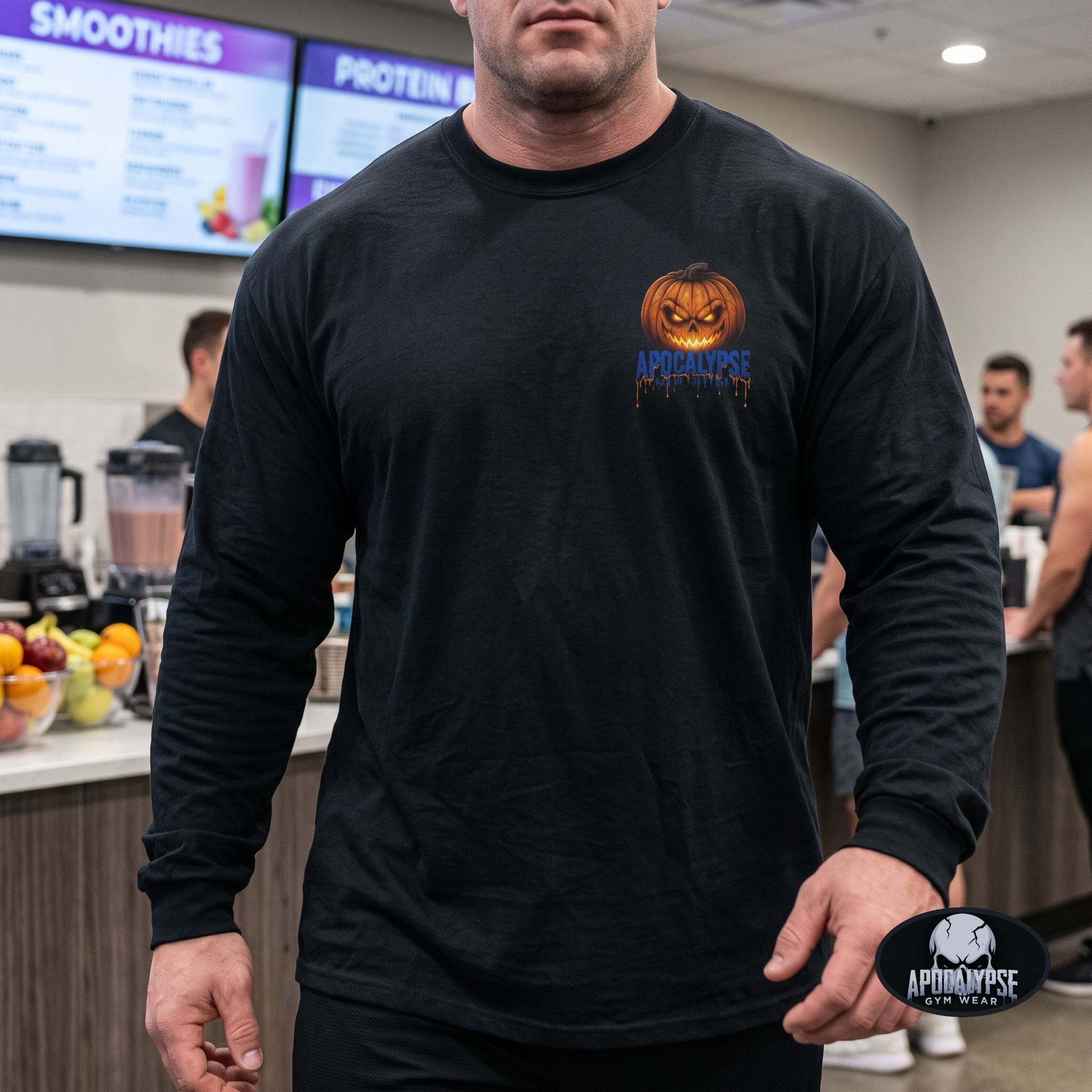 Limited Edition Orange Pumpkin Skull Halloween Long Sleeve Gym Shirt | Apocalypse Gym Wear Pump Cover