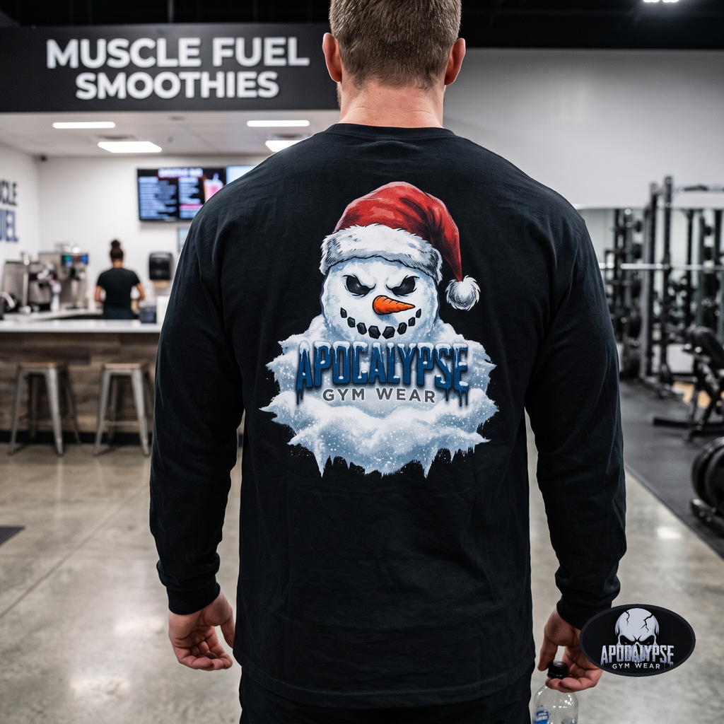 Apocalypse Gym Wear evil snowman Christmas long sleeve black gym shirt worn by a bodybuilder. Back view showing a menacing snowman with a red Santa hat over a frost explosion graphic with icy dripping typography.