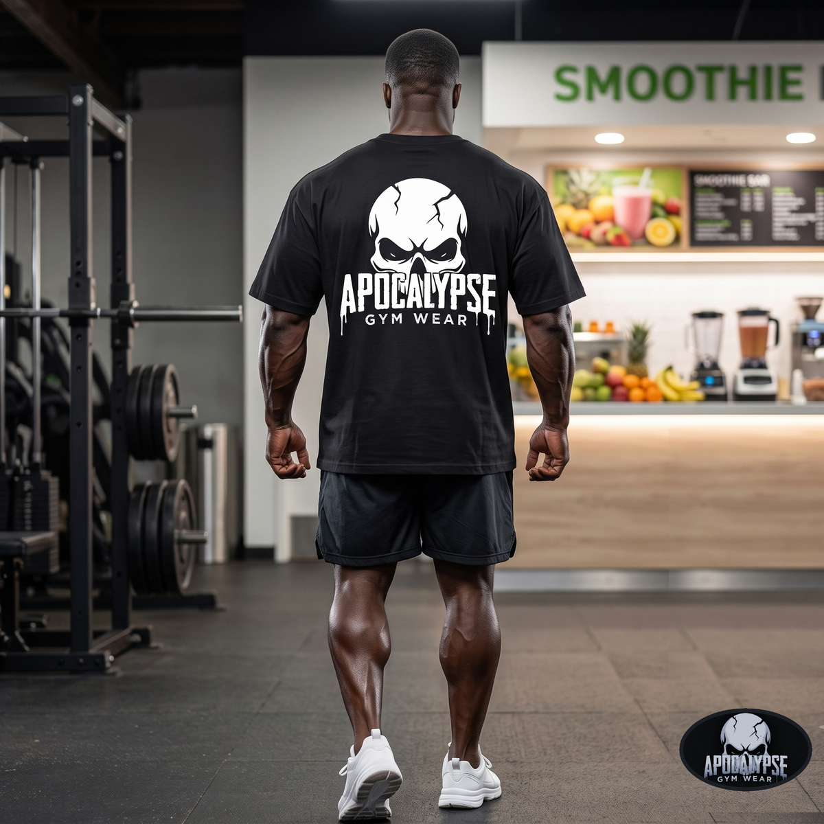 Apocalypse Gym Wear cracked white skull black short sleeve t-shirt back view worn by James in a gym, featuring a high-contrast cracked skull back graphic with dripping typography.