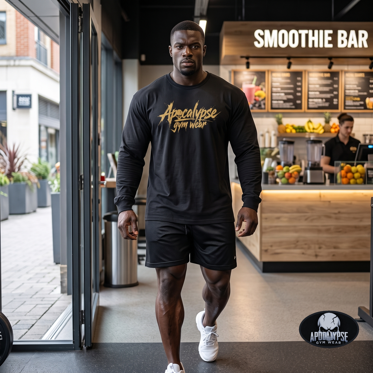 Apocalypse Gym Wear gold brush logo black long sleeve shirt front view worn by James in a gym, featuring a large gold metallic chest print.