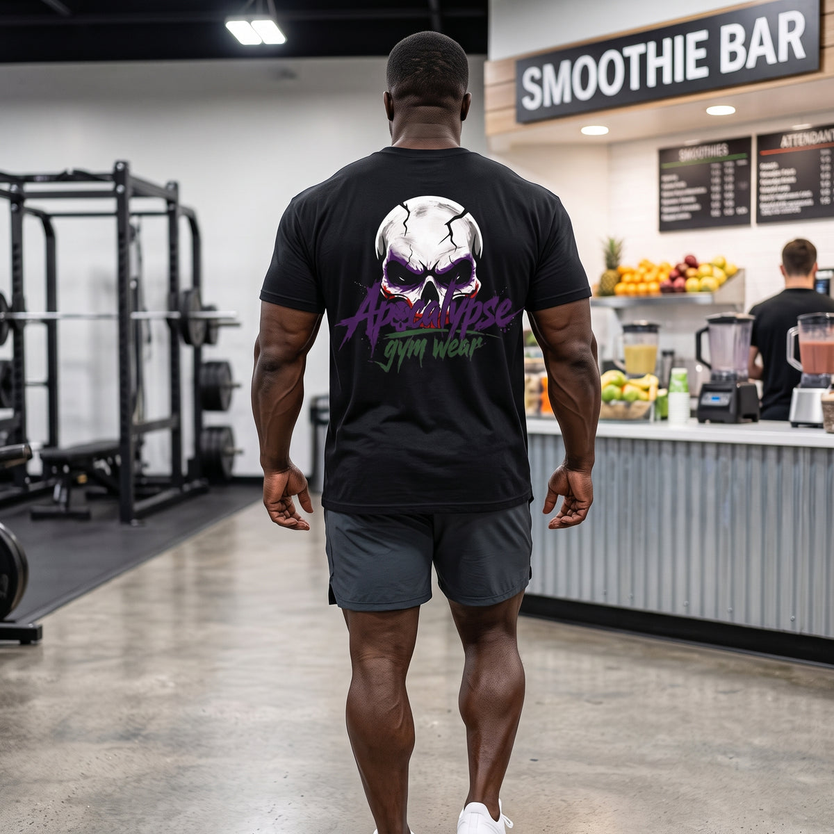 Apocalypse Gym Wear Psychotic Jester black short sleeve t-shirt back view worn in a gym, featuring a jawless jester skull back print with brand typography.