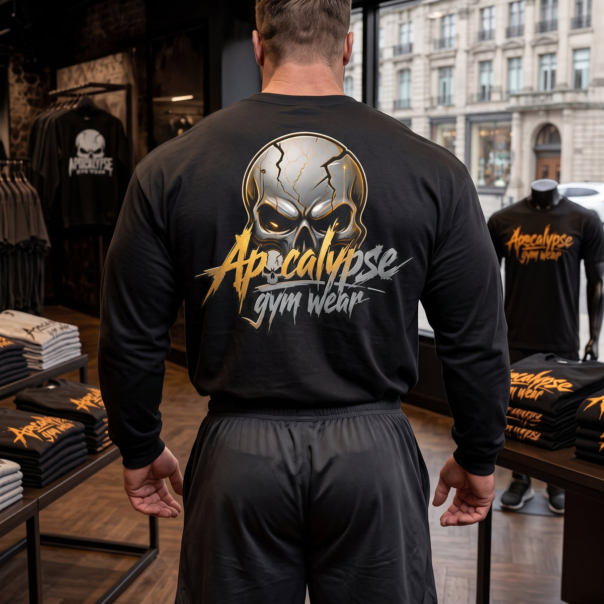 Apocalypse Gym Wear Gold & Silver Cracked Skull black long sleeve t-shirt back view worn in a gym, featuring a cracked metallic skull back print with brand typography.