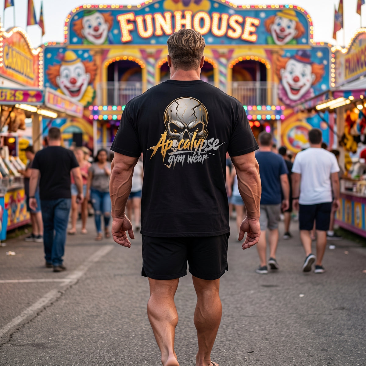 Apocalypse Gym Wear Gold & Silver Cracked Skull black t-shirt back view worn outdoors, featuring a cracked metallic skull back print with brand typography.
