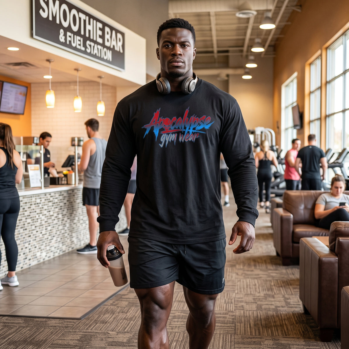 Apocalypse Gym Wear Red & Blue Brush Logo black long sleeve t-shirt front view worn in a gym, featuring a high-contrast electric red and blue brush graphic across the chest.