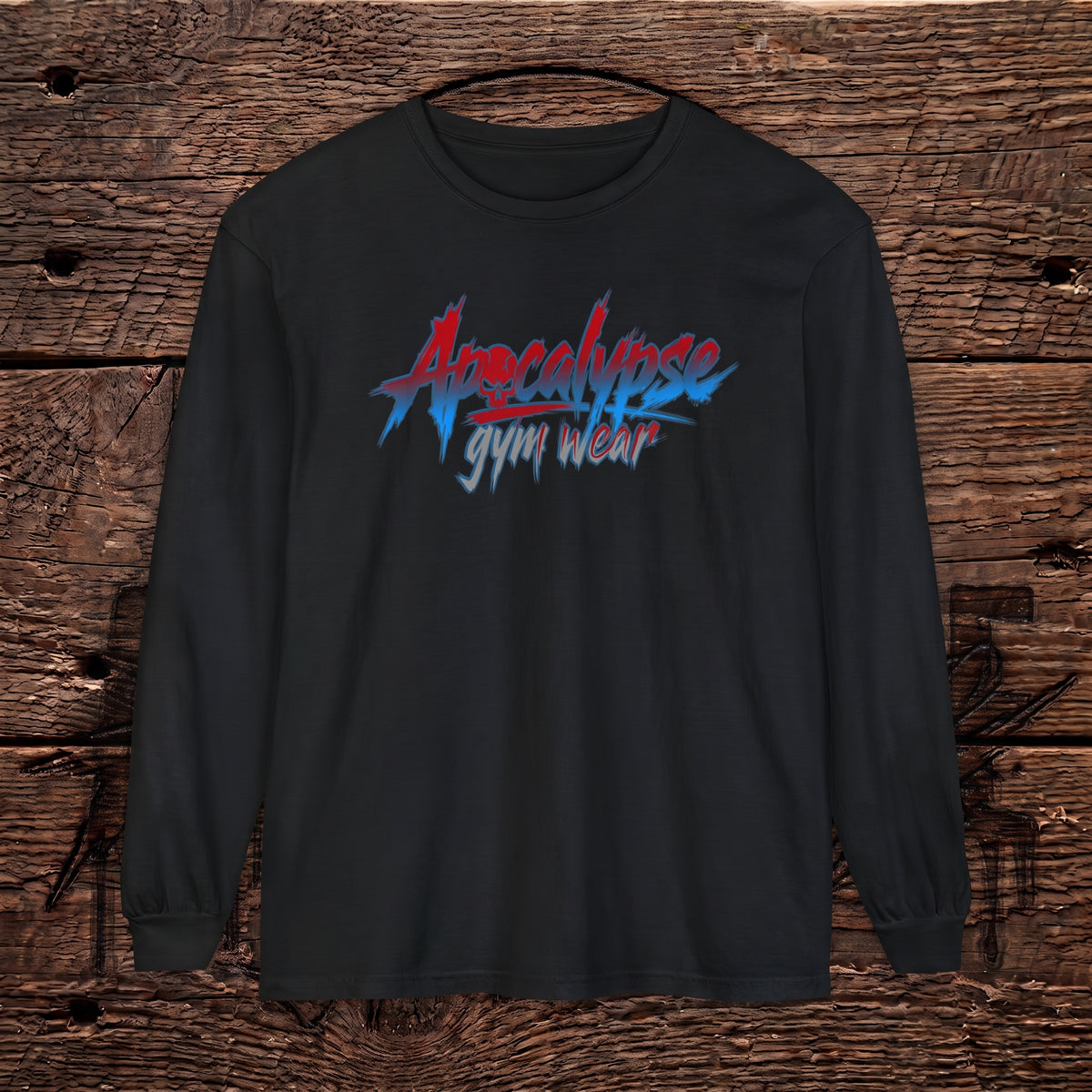 Red & Blue Brush Logo Heavyweight Oversized Gym Long Sleeve Shirt | Apocalypse Gym Wear Pump Cover