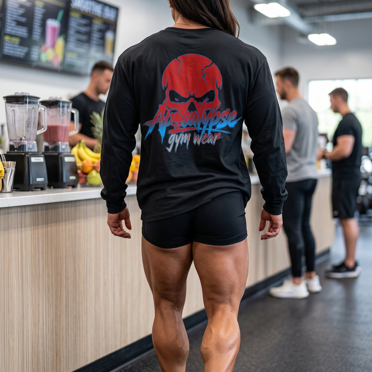 Apocalypse Gym Wear Red & Blue Crimson Skull black long sleeve t-shirt back product view, featuring a crimson red skull back print with blue brand typography.