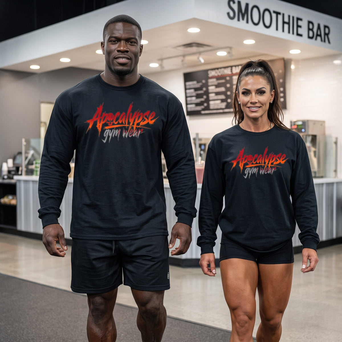 Apocalypse Gym Wear Fire & Ash Brush Logo black long sleeve t-shirt back view worn inside a training facility, featuring an oversized boxy fit for bodybuilders and powerlifters.