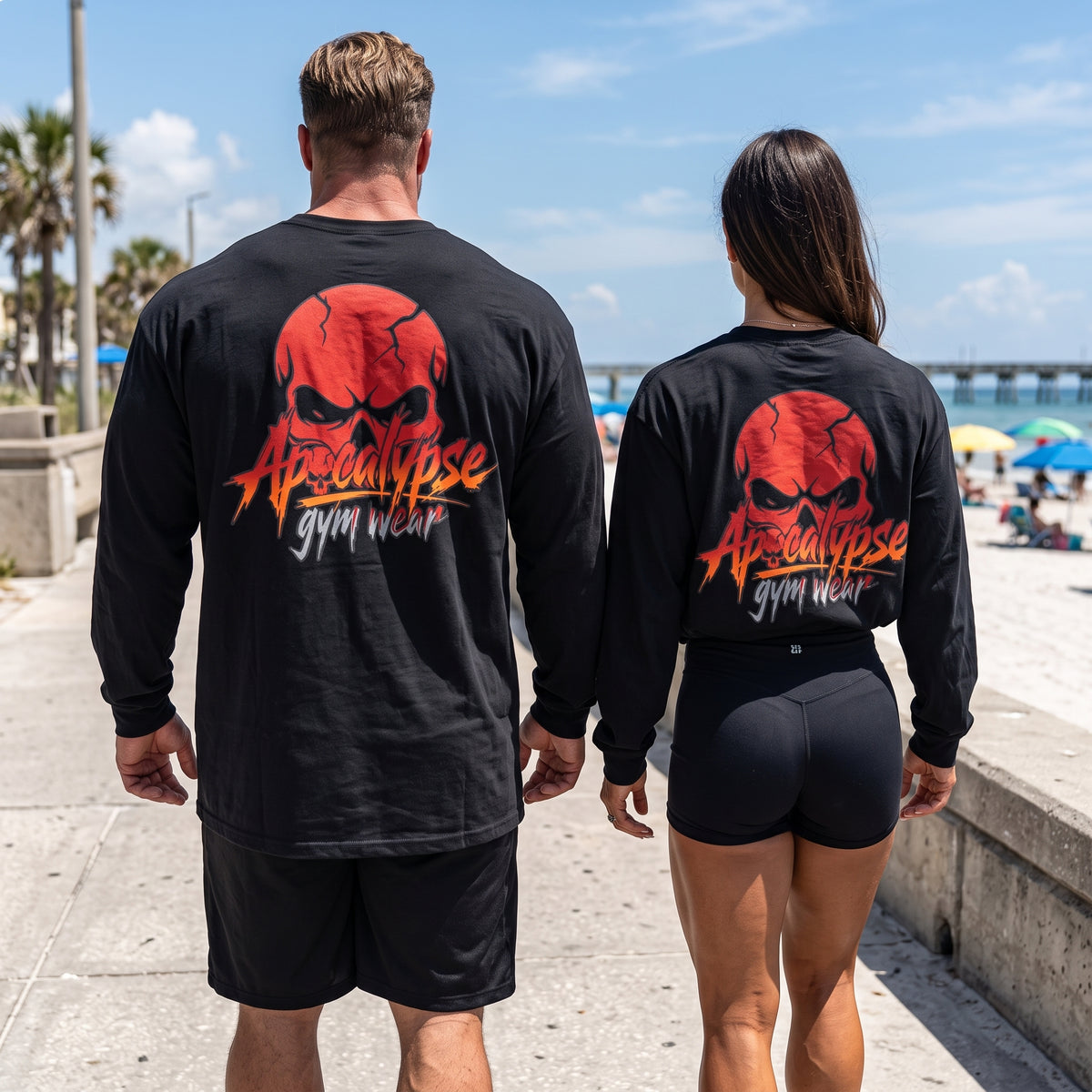 Apocalypse Gym Wear Fire & Ash Crimson Skull black long sleeve t-shirt back product view, featuring a crimson red skull back print with fiery orange brand typography.